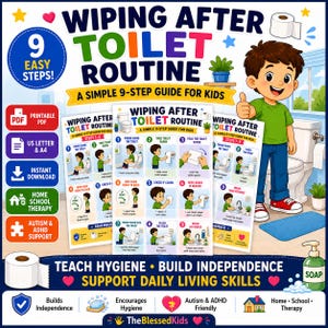 Può includere: Una guida stampabile in 9 passaggi per bambini intitolata WIPING AFTER TOILET ROUTINE. Il poster educativo presenta illustrazioni di un bambino che mostra le fasi dell'igiene, tra cui l'uso della carta igienica, pulirsi, tirare lo sciacquone e lavarsi le mani.