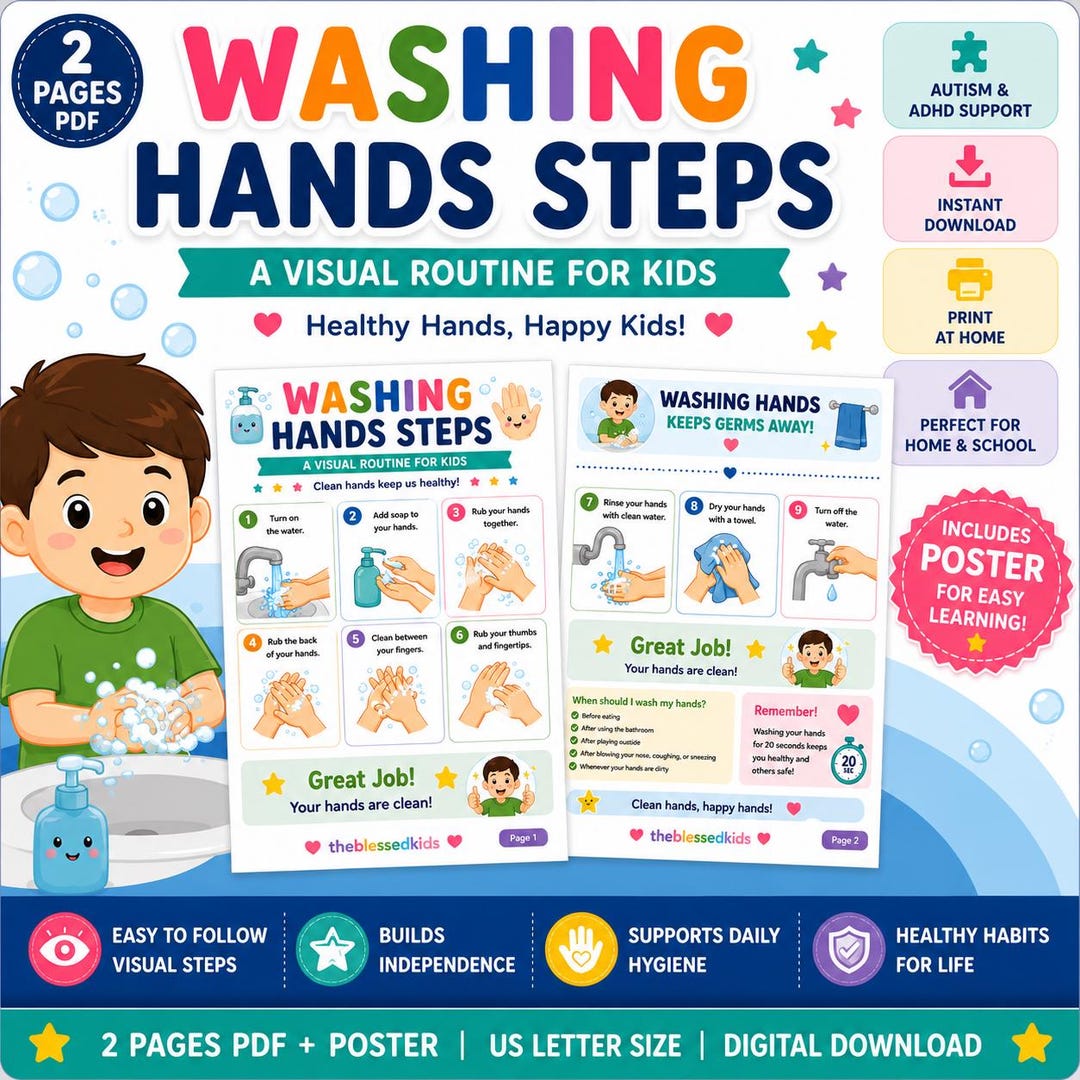 Hand Washing Chart Visual Schedule for Kids | Printable Bathroom Poster ...