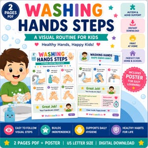 May include: A two-page PDF visual routine for kids titled Washing Hands Steps. The document features colorful illustrations of handwashing techniques, numbered steps, and text including Healthy Hands, Happy Kids, and Washing Hands Keeps Germs Away.