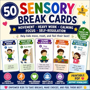 May include: A set of 50 sensory break cards featuring colourful illustrations and text for movement, heavy work, calming, focus, and self-regulation activities. The cards include instructions like jump, push wall, deep breathing, puzzle, and ask for break.