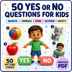Op de afbeelding: Een set van 50 Ja of Nee vragen voor kinderen, met een cartoonkind in een groen shirt en blauwe korte broek. Het ontwerp bevat kaarten met een kleurrijke bal, een rode appel, een grijze kat en een kind dat een boek leest, met Ja en Nee knoppen.