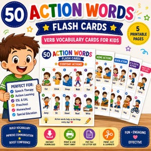 以下が含まれることがあります： 子供向けの50のアクションワードフラッシュカードセット。様々な動詞を実行する子供たちのカラフルなイラストが描かれています。印刷可能なページには、家庭、学校、日常生活などのカテゴリーが含まれ、各アクティビティにテキストラベルが付いています。