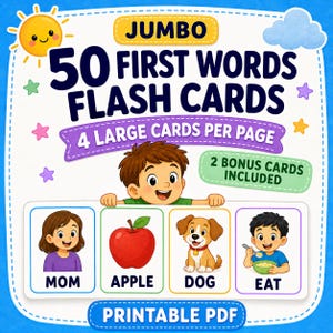 Puede incluir: Un conjunto de 50 tarjetas didácticas jumbo de primeras palabras en formato PDF imprimible. La portada muestra un niño de dibujos animados, un sol y cuatro tarjetas de muestra con una mujer MOM, una manzana roja, un perro y un niño comiendo EAT.