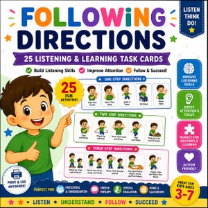 May include: A Following Directions educational set featuring 25 listening and learning task cards. The box cover displays a cartoon character pointing to three rows of illustrated activities labeled one-step, two-step, and three-step directions.