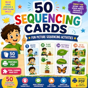 Puede incluir: Un conjunto de 50 tarjetas de secuenciación con ilustraciones coloridas de un niño realizando tareas diarias. Las tarjetas muestran actividades como cepillarse los dientes, plantar semillas, el ciclo de vida de la mariposa e ir al parque, con pasos numerados.
