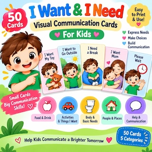 Puede incluir: Un conjunto de 50 tarjetas de comunicación visual para niños tituladas I Want & I Need. Las tarjetas presentan ilustraciones de un niño con camiseta verde e incluyen categorías como comida y bebida, actividades, necesidades básicas y ayuda.