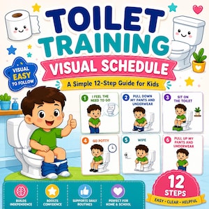 May include: A colorful toilet training visual schedule poster featuring a cartoon child on a toilet. The text reads TOILET TRAINING VISUAL SCHEDULE, A Simple 12-Step Guide for Kids, and includes six numbered steps with illustrations and descriptive text.