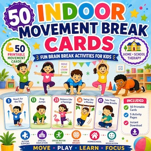 50 Indoor Movement Break Cards for Kids | Gross Motor Skills, Brain Breaks (Printable PDF)