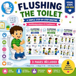 May include: A digital educational poster set titled Flushing The Toilet: A Simple Step-By-Step Routine. It features a cartoon child sitting on a toilet, three instructional pages with numbered steps for bathroom hygiene, and colorful icons.
