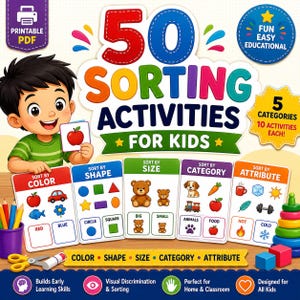 Puede incluir: Un recurso educativo en PDF imprimible titulado 50 Sorting Activities for Kids. La portada muestra a un niño de dibujos animados sosteniendo una tarjeta de manzana, con cinco tarjetas de actividades para clasificar por color, forma, tamaño, categoría y atributo.