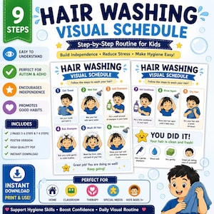 May include: A 9-step hair washing visual schedule for kids featuring cartoon illustrations of a child performing hygiene tasks. The poster includes text instructions for each step, from getting a towel to drying hair, with a blue, white, and yellow color scheme.