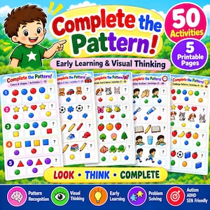 Könnte beinhalten: Ein Set aus 50 pädagogischen Arbeitsblättern mit dem Titel Complete the Pattern, die bunte Illustrationen von Formen, Tieren, Lebensmitteln und Alltagsgegenständen zeigen. Die druckbaren Seiten enthalten Sequenzen für frühes Lernen und Denken.