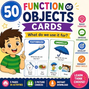Op de afbeelding: Een set van 50 Functie van Voorwerpen kaarten met een cartoonkind en educatieve vragen. De kaarten tonen illustraties van een tandenborstel en paraplu met meerkeuzeopties voor dagelijkse activiteiten en iconen voor leervaardigheden.