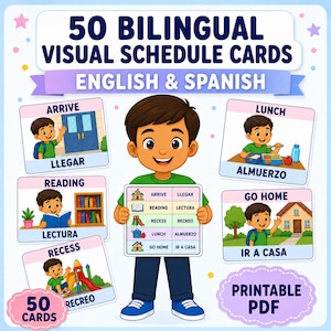 May include: A set of 50 bilingual visual schedule cards in English and Spanish featuring a cartoon character holding a chart with daily activities. The cards display illustrations and text for tasks like arrive, reading, recess, lunch, and go home.