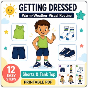 Puede incluir: Una tabla de rutina visual imprimible titulada GETTING DRESSED Warm-Weather Visual Routine. Presenta un personaje de dibujos animados con una camiseta sin mangas verde y pantalones cortos azules, con ilustraciones de ropa, calcetines y zapatos.