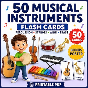 Puede incluir: Un juego de 50 tarjetas didácticas de instrumentos musicales con un personaje de dibujos animados que sostiene una pandereta, guitarra, violín, tambor, trompeta, teclado y xilófono. El texto dice 50 MUSICAL INSTRUMENTS FLASH CARDS, 50 CARDS, BONUS POSTER.