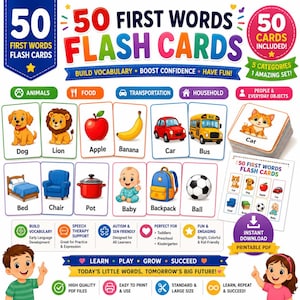 Può includere: Un set di 50 flashcard con le prime parole, caratterizzate da illustrazioni colorate di animali, cibo, trasporti, oggetti domestici e persone. Le carte mostrano immagini come un cane, un leone, una mela, una banana, un'auto, un autobus, un letto e un bambino.
