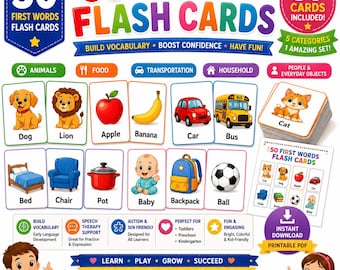 Op de afbeelding: Een set van 50 eerste woorden flashcards met kleurrijke illustraties van dieren, voedsel, transport, huishoudelijke artikelen en mensen. De kaarten tonen afbeeldingen zoals een hond, leeuw, appel, banaan, auto, bus, bed, stoel, pot, baby en een bal.