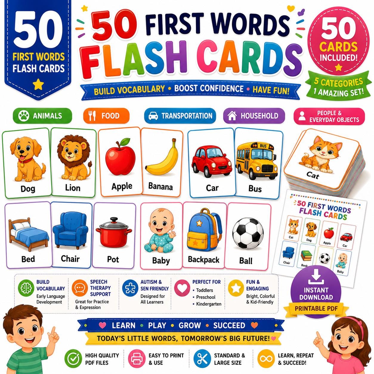 50 First Words Flash Cards Printable | Toddler Learning Cards | Speech ...