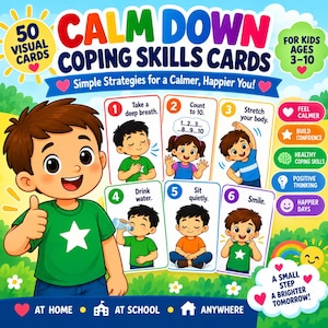 May include: A set of 50 Calm Down Coping Skills Cards for kids aged 3-10, featuring colourful illustrations of children performing activities like deep breathing, counting, stretching, drinking water, sitting quietly, and smiling to build confidence.