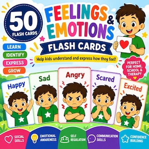 May include: A set of 50 Feelings & Emotions flash cards featuring colorful illustrations of a child expressing various states like happy, sad, angry, scared, and excited. The packaging includes text labels, educational goals, and a cartoon character.
