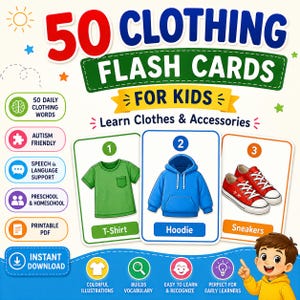 Peut inclure: Un ensemble de 50 cartes flash sur les vêtements pour enfants avec des illustrations colorées d'un t-shirt vert, d'un sweat à capuche bleu et de baskets rouges. Les cartes incluent des étiquettes de texte et des icônes éducatives.