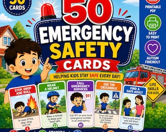 May include: A set of 50 emergency safety cards featuring cartoon illustrations and text to teach children safety skills. The cards cover topics like fire safety, road safety, and emergency response, with clear instructions and colorful graphics.