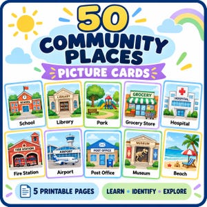 Puede incluir: Un conjunto de 50 tarjetas ilustradas de lugares de la comunidad con dibujos coloridos de escuela, biblioteca, parque, supermercado, hospital, estación de bomberos, aeropuerto, oficina de correos, museo y playa. El texto dice 50 Community Places Picture Cards.