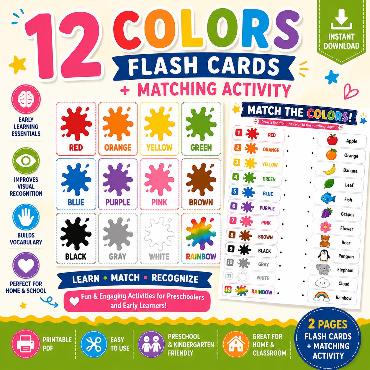 Matching Color Sen 12 Colors Flash Cards Printable | Color Matching Activity | Preschool ...