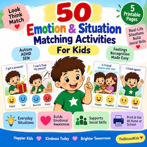 Puede incluir: Un recurso educativo digital titulado 50 Emotion & Situation Matching Activities For Kids, que presenta un niño de dibujos animados con una camiseta de estrella verde, cuatro tarjetas de escenarios ilustradas y etiquetas coloridas.