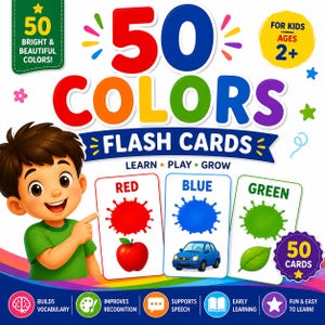Puede incluir: Un juego de 50 tarjetas didácticas de colores para niños a partir de 2 años, con un niño de dibujos animados señalando tres tarjetas de muestra en rojo, azul y verde con ilustraciones de una manzana, un coche y una hoja. Texto: 50 COLORS FLASH CARDS.