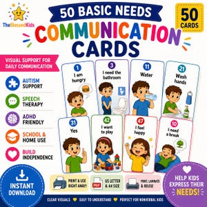 Op de afbeelding: Een set van 50 communicatiekaarten voor basisbehoeften met kleurrijke illustraties van kinderen en tekstlabels. De kaarten bevatten zinnen zoals I am hungry, I need the bathroom, Water, Wash hands, Yes, I want to play, I feel happy en I need a break.