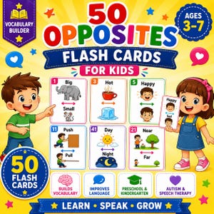 Puede incluir: Un juego de 50 tarjetas didácticas de opuestos para niños con ilustraciones coloridas de conceptos como grande y pequeño, caliente y frío, y feliz y triste. El empaque incluye texto como Vocabulary Builder, Ages 3-7 y Learn, Speak, Grow.