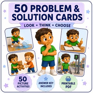 May include: A set of 50 problem and solution cards featuring a cartoon boy in a green shirt and blue shorts. The cards show various scenarios like spilling water, writing, sharing a teddy bear, and crossing the street. Includes 50 picture activities, an answer key, and a printable PDF format.