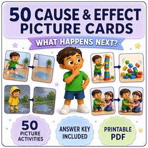 Può includere: Un set di 50 carte illustrate di causa ed effetto intitolate 50 CAUSE & EFFECT PICTURE CARDS WHAT HAPPENS NEXT? con un ragazzo dei cartoni animati in maglietta verde e pantaloncini blu. Le carte mostrano scene come acqua versata e blocchi.