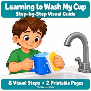 May include: A digital illustration of a child in a green shirt washing a blue cup with a yellow sponge under a silver faucet. The text reads Learning to Wash My Cup Step-by-Step Visual Guide and 8 Visual Steps 2 Printable Pages TheBlessedKids.