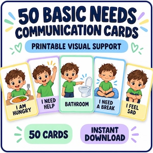 Peut inclure: Un ensemble de 50 cartes de communication pour les besoins fondamentaux avec support visuel imprimable. Les cartes montrent un enfant en dessin animé portant un t-shirt vert avec les textes I AM HUNGRY, I NEED HELP, BATHROOM, I NEED A BREAK, I FEEL SAD.