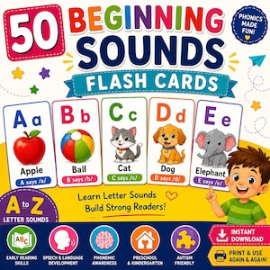 Może przedstawiać: Zestaw 50 kart edukacyjnych Beginning Sounds z kolorowymi ilustracjami jabłka, piłki, kota, psa i słonia. Karty przedstawiają wielkie i małe litery z przewodnikami fonetycznymi. Tekst zawiera: 50 Beginning Sounds Flash Cards, Phonics Made Fun, Learn Letter Sounds Build Strong Readers oraz A to Z Letter Sounds.