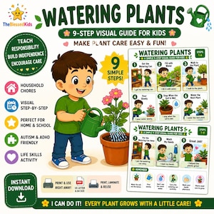 Peut inclure: Un guide visuel en 9 étapes pour enfants intitulé Watering Plants, illustré par un dessin de personnage arrosant une fleur en pot. Le document contient des instructions, des étapes numérotées de 1 à 9, ainsi que des icônes sur les tâches ménagères et les compétences de vie.