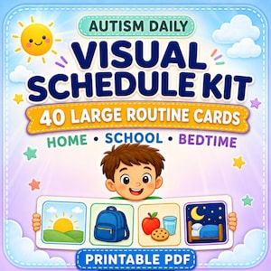 May include: A digital graphic for an Autism Daily Visual Schedule Kit featuring 40 large routine cards. The design includes a cartoon child holding a strip of four icons: a sunrise, a blue backpack, an apple with a cookie and glass, and a bed.