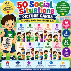 May include: A set of 50 social situations picture cards for kids featuring a cartoon character holding a sign that says Good Social Skills Brighter Days. The cards illustrate scenarios like saying hello, thank you, and please, with printable PDF format.