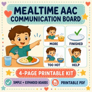 Puede incluir: Un kit imprimible de 4 páginas de tablero de comunicación AAC para la hora de comer con un niño de dibujos animados en una mesa. Los iconos muestran al niño señalando un tazón para más, un plato con una marca para terminado, enfriando sopa y pidiendo ayuda.