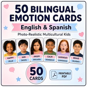 May include: A set of 50 bilingual emotion cards in English and Spanish featuring photo-realistic multicultural kids. Each card displays a child's face expressing an emotion with the corresponding word in both languages. Includes a printable PDF icon.