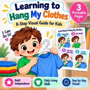 Puede incluir: Un póster educativo digital titulado Learning to Hang My Clothes, una guía visual de 8 pasos para niños. Presenta a un niño de dibujos animados sosteniendo una camisa azul en una percha blanca, con paneles de instrucciones y texto.