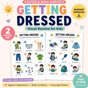 May include: A digital visual routine chart for kids titled Getting Dressed, featuring two pages with eighteen numbered steps. Each step includes a colorful illustration and text describing tasks like putting on underwear, pants, shirt, socks, shoes, and a jacket, plus brushing hair and packing a backpack.