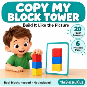 Peut inclure: Un ensemble de cartes d'activités numériques intitulé COPY MY BLOCK TOWER Build It Like the Picture, avec 20 Tower Examples et 6 Printable Pages. L'image montre un personnage de dessin animé empilant des blocs rouges, bleus et jaunes.