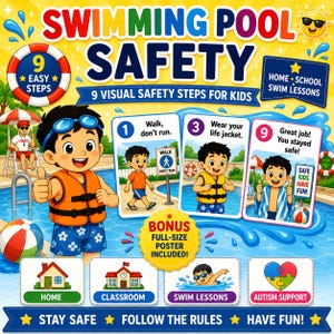 Swimming Pool Safety Visual Schedule | 9 Water Rules for Kids (Digital Download)