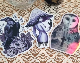 Sticker pack-pack of stickers-Owl sticker-Raven sticker-Mushroom sticker