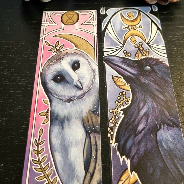 Set of 2 barn owl and raven bookmarks