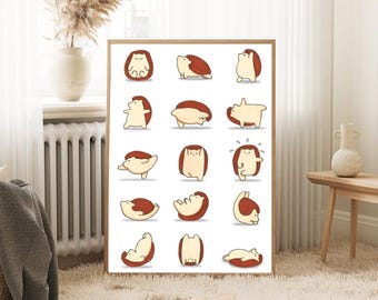 May include: A framed print featuring a series of cartoon hedgehogs in various yoga poses. The hedgehogs are depicted with brown backs and cream-colored bellies, set against a white background. The artwork is displayed in a wooden frame, suitable for home decor.